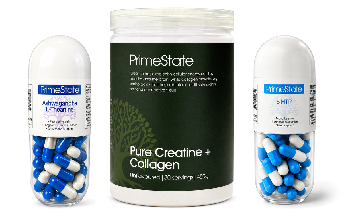 Focus & Clarity stack: Ashwagandha + L-Theanine, Pure Creatine + Collagen, 5HTP